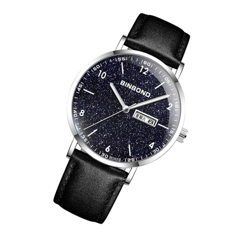 BINBOND B3820 Men Simple Luminous Quartz Watch Student Trendstarry Starry Sky Pattern Watch(Black Leather White Shell White Nails) - Leather Strap Watches by BINBOND | Online Shopping South Africa | PMC Jewellery | Buy Now Pay Later Mobicred