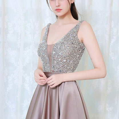 V-neck Sequin Dress Banquet Annual Evening Dress, Size:L(Apricot) - Evening Dress by PMC Jewellery | Online Shopping South Africa | PMC Jewellery