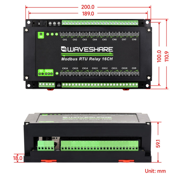 Waveshare 24921 Modbus RTU 16-Ch Relay Module, RS485 Interface, With Multiple Isolation Protection Circuits - Relay Module by Waveshare | Online Shopping South Africa | PMC Jewellery | Buy Now Pay Later Mobicred