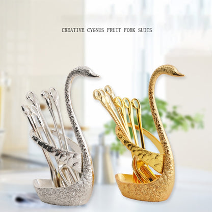 Swan Fruit Fork And Spoon Set Dessert Fork Fruit Fork Rack Tableware Wedding Gift, Colour: Golden Stripe With 6 Spoons - Cutlery Sets by PMC Jewellery | Online Shopping South Africa | PMC Jewellery