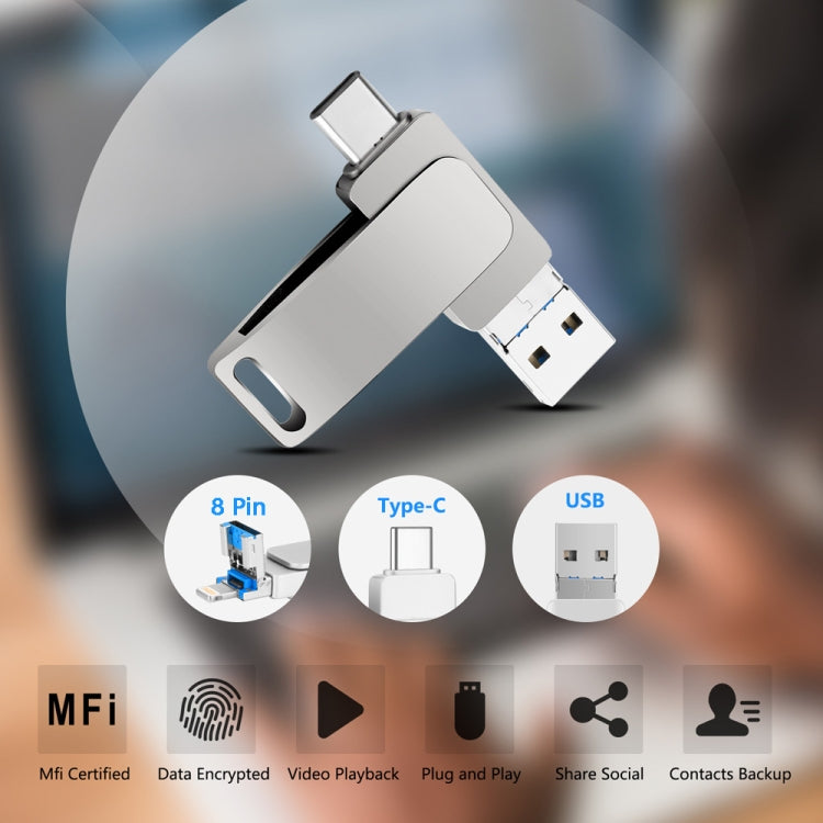32GB USB 3.0 + 8 Pin + USB-C / Type-C 3 in 1 Phone Computer Metal Rotatable U-Disk(Black) - U Disk & Card Reader by PMC TechLife | Online Shopping South Africa | PMC TechLife