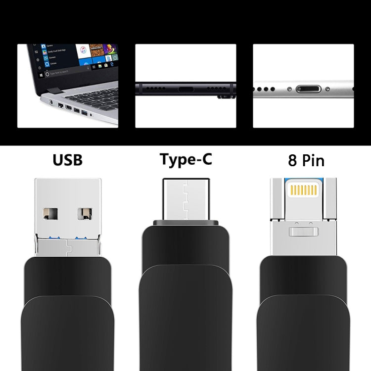 16GB USB 3.0 + 8 Pin + USB-C / Type-C 3 in 1 Mobile Computer Metal U-Disk(Black) - U Disk & Card Reader by PMC Jewellery | Online Shopping South Africa | PMC Jewellery