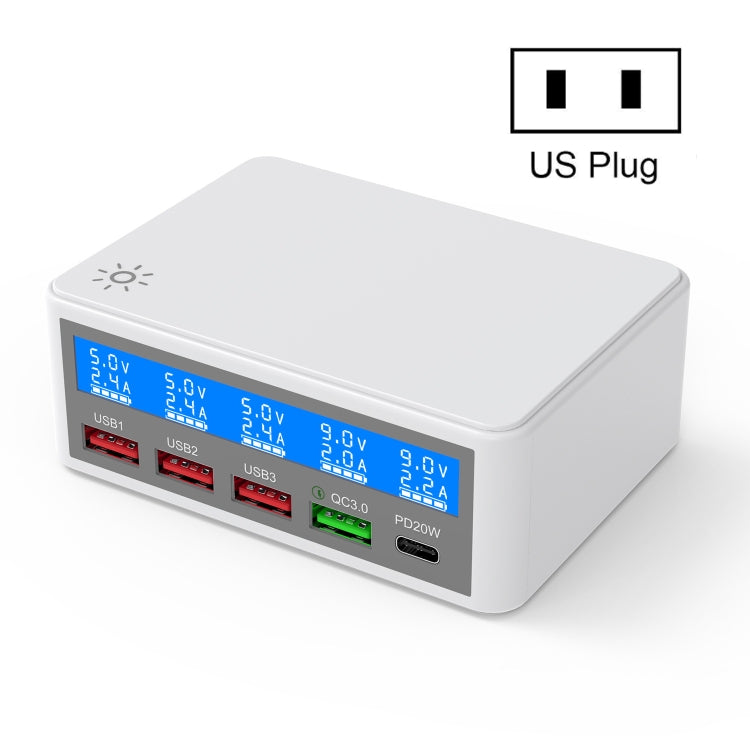 618 QC3.0 + PD20W + 3 x USB Ports Charger with Smart LCD Display, US Plug (White) - Multifunction Charger by PMC Jewellery | Online Shopping South Africa | PMC Jewellery