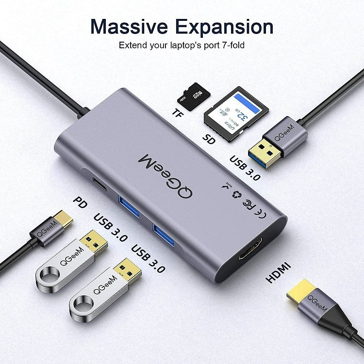 QGeeM 7 In 1 Multifunctional USB3.0 TYPE-C Extension HUB Adapter(QG-UH07-3 V1) - free shipping - PMC TechLife - Order now!