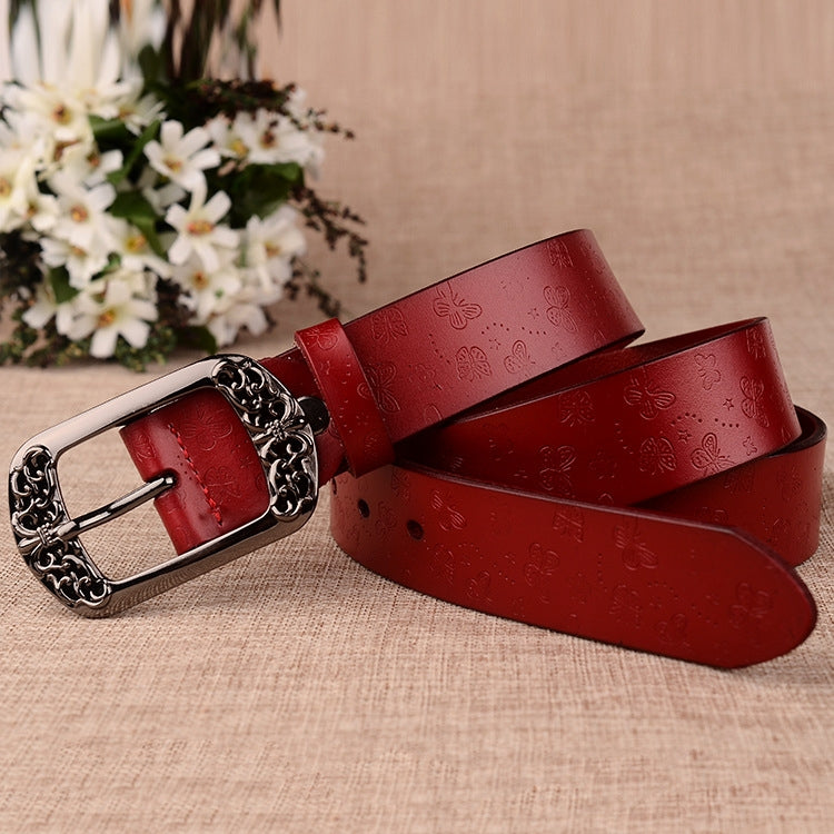 ZK--067 Retro Engraved Buckle Butterfly Print Pin Buckle Leather Belt, Length: 110cm(Coffee) - Belts by PMC Jewellery | Online Shopping South Africa | PMC Jewellery