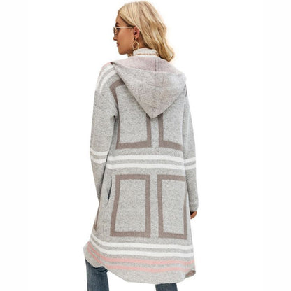 Female Windbreaker Jacket Striped Hooded Plaid Knit Cardigan, Size: S(Beige) - Windbreaker by PMC Jewellery | Online Shopping South Africa | PMC Jewellery