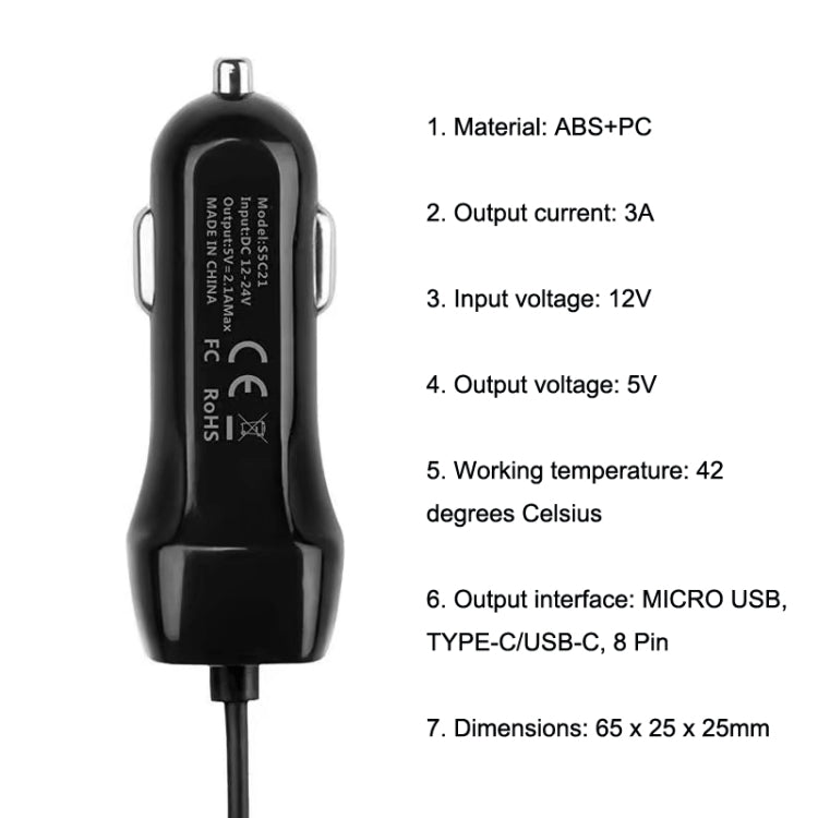 522AL Fast Charging With Cable Car Charging, Output Interface: 8 Pin (Black) - Car Charger by PMC TechLife | Online Shopping South Africa | PMC TechLife