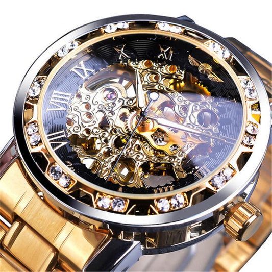 Winner Leisure Skeleton Diamond Luminous Pointer Watch Men Manual Mechanical Watch(Gold Belt Gold Shell Gold Face) - Metal Strap Watches by Winner | Online Shopping South Africa | PMC Jewellery | Buy Now Pay Later Mobicred