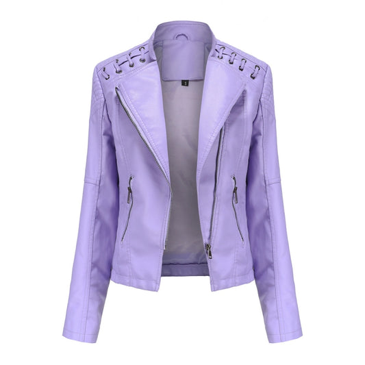 Women Short Leather Jacket Slim Jacket Motorcycle Suit, Size: S(Pale Lisianthus) - Jacket & Loose Coat by PMC Jewellery | Online Shopping South Africa | PMC Jewellery