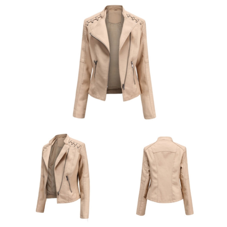 Women Short Leather Jacket Slim Jacket Motorcycle Suit, Size: S(Khaki) - Jacket & Loose Coat by PMC Jewellery | Online Shopping South Africa | PMC Jewellery