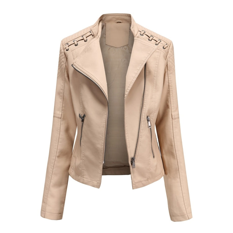 Women Short Leather Jacket Slim Jacket Motorcycle Suit, Size: XXXXL(Khaki) - Jacket & Loose Coat by PMC Jewellery | Online Shopping South Africa | PMC Jewellery