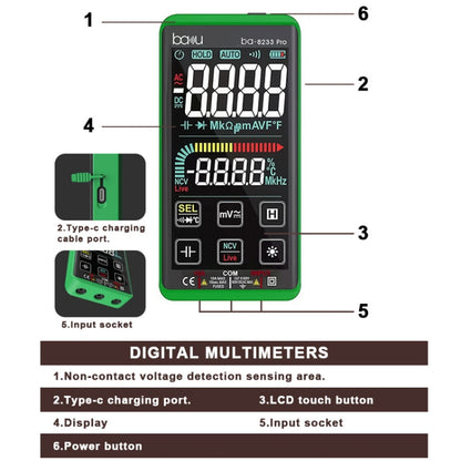 BAKU BA-8233 Pro Electric Maintenance Resistor Current Touch Screen Digital Mulitmeter(Green) - Digital Multimeter by BAKU | Online Shopping South Africa | PMC Jewellery | Buy Now Pay Later Mobicred