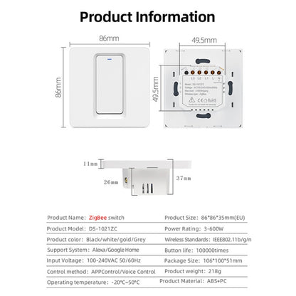 Tuya ZigBee Smart Single-fire Zero-fire Sharing Switch Phone Control Voice Panel EU Plug, Spec: 1 Button - Smart Switch by PMC Jewellery | Online Shopping South Africa | PMC Jewellery