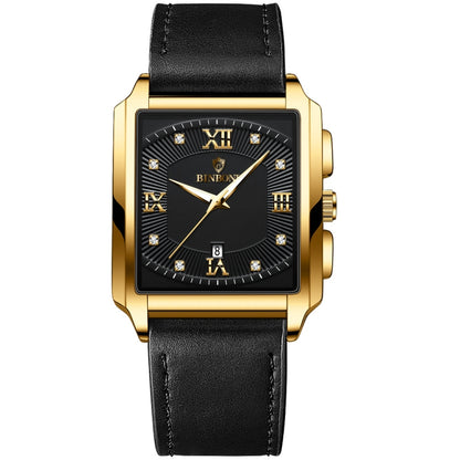 BINBOND B4143 Rectangular Outdoor Men Waterproof Quartz Watches(Black Leather-Full Gold-Black) - Metal Strap Watches by BINBOND | Online Shopping South Africa | PMC Jewellery | Buy Now Pay Later Mobicred