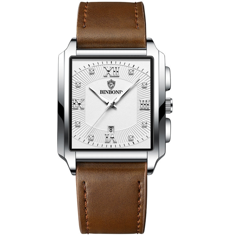 BINBOND B4143 Rectangular Outdoor Men Waterproof Quartz Watches(Brown Leather-White Steel) - Metal Strap Watches by BINBOND | Online Shopping South Africa | PMC Jewellery | Buy Now Pay Later Mobicred