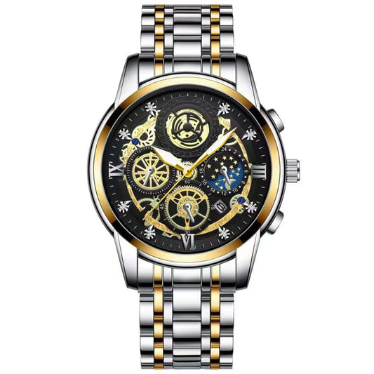 BINBOND 4010 Multifunctional Waterproof Hollowed Luminous Quartz Watch(Inter-gold Black Surface) - Metal Strap Watches by BINBOND | Online Shopping South Africa | PMC Jewellery | Buy Now Pay Later Mobicred