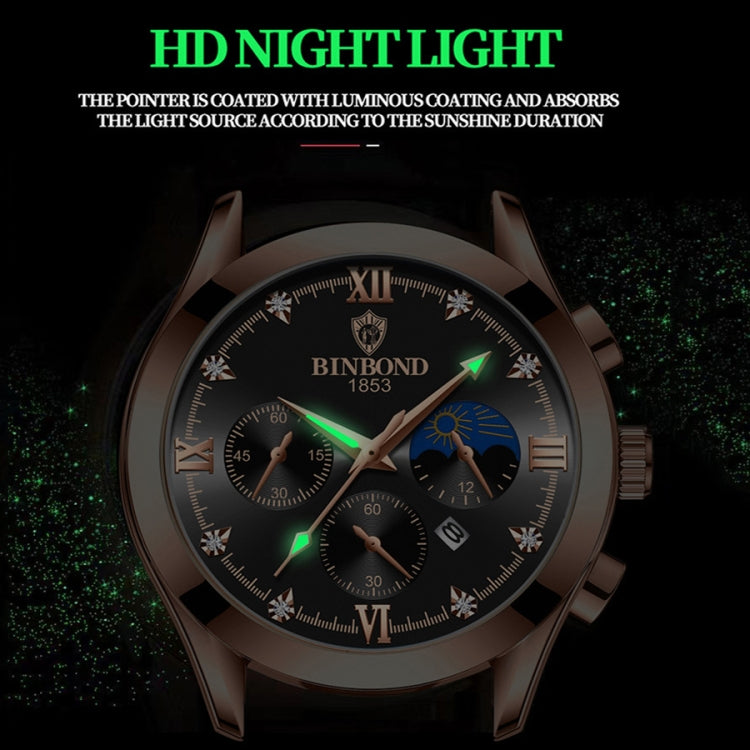 BINBOND B3591 30m Waterproof Luminous Calendar Men Watch, Color: Rose Gold-Black - Metal Strap Watches by BINBOND | Online Shopping South Africa | PMC Jewellery | Buy Now Pay Later Mobicred