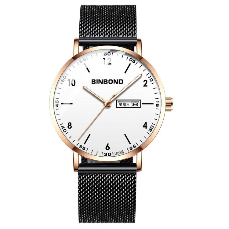 BINBOND B3820 30M Waterproof Ultra-thin Quartz Luminous Starry Watch, Color: Black Net-Rose Gold-White - Metal Strap Watches by BINBOND | Online Shopping South Africa | PMC Jewellery | Buy Now Pay Later Mobicred