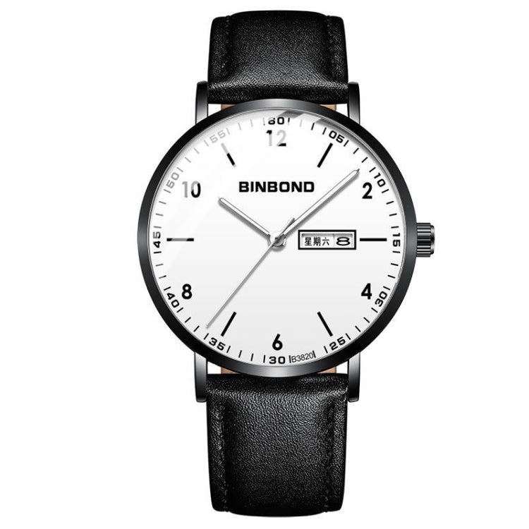 BINBOND B3820 30M Waterproof Ultra-thin Quartz Luminous Starry Watch, Color: Black Leather-Black-White - Metal Strap Watches by BINBOND | Online Shopping South Africa | PMC Jewellery | Buy Now Pay Later Mobicred