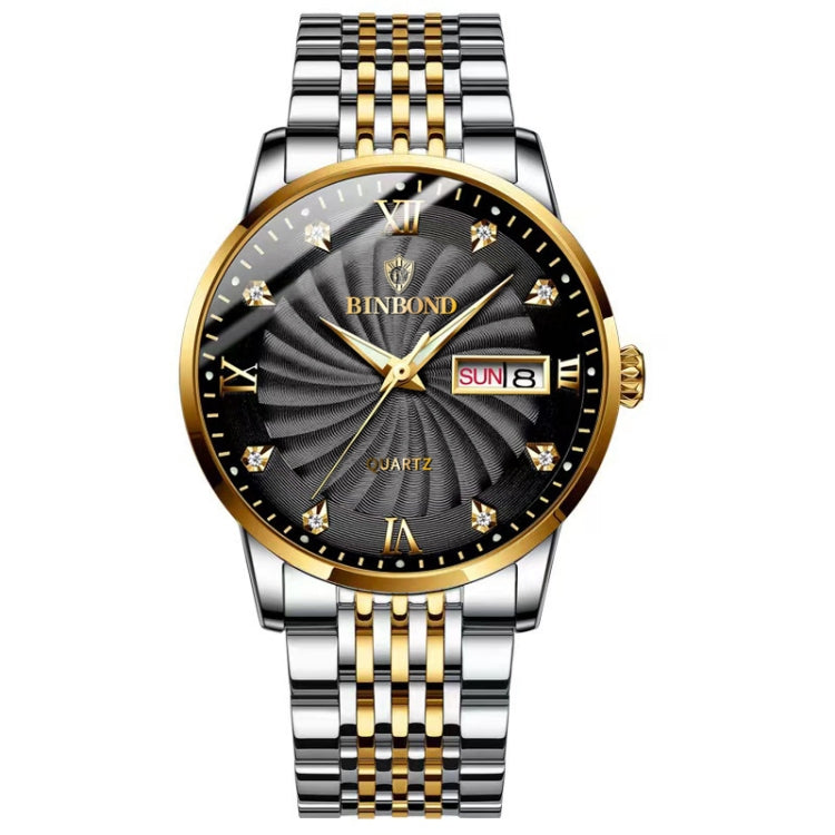 BINBOND B3034 Diamond 30m Waterproof Business Watch Men's Butterfly Buckle Luminous Quartz Watch(Inter-gold-Black) - Metal Strap Watches by BINBOND | Online Shopping South Africa | PMC Jewellery | Buy Now Pay Later Mobicred