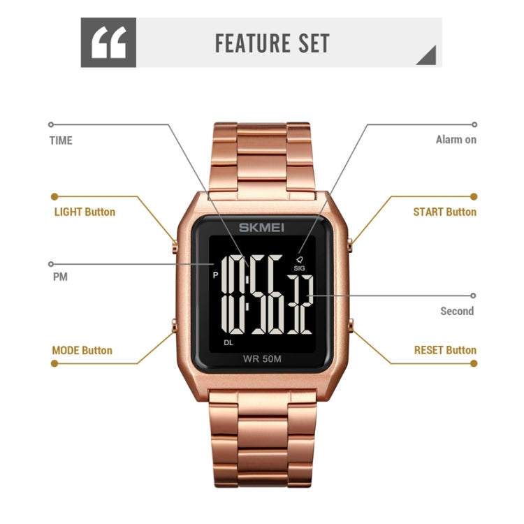 SKMEI 1879 Square Large Screen Men Steel Belt Multi-function EL Luminous Watch, Color: Gold - Metal Strap Watches by SKMEI | Online Shopping South Africa | PMC Jewellery | Buy Now Pay Later Mobicred