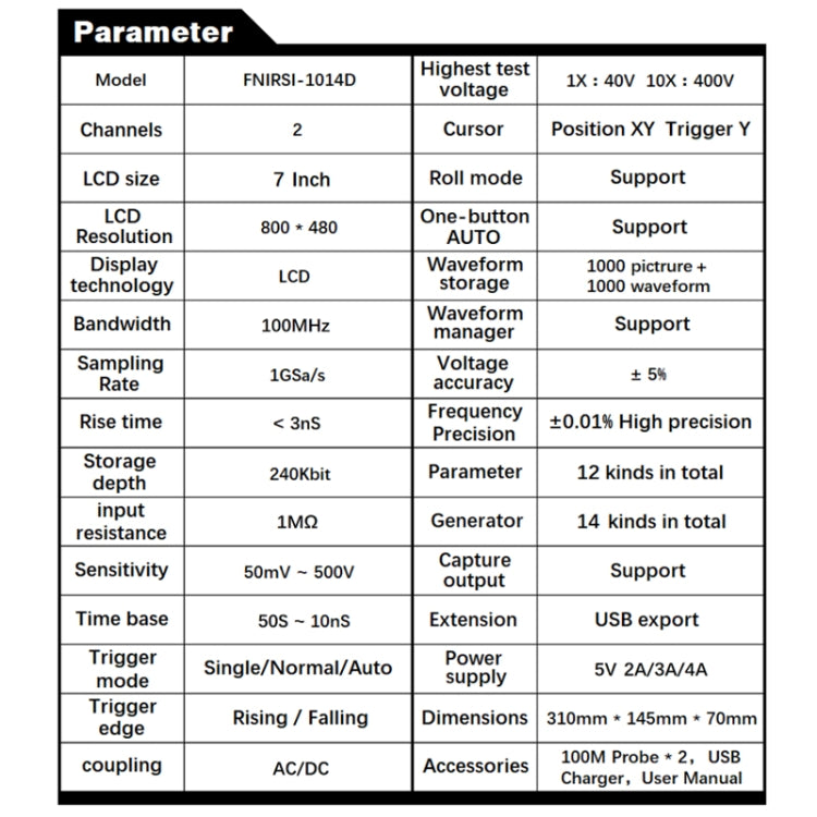 FNIRSI 1014D +P4100 Probe 2 in 1 Dual-channel 100M Bandwidth Digital Oscilloscope 1GS Sampling Signal Generator, US Plug - Digital Multimeter by FNIRSI | Online Shopping South Africa | PMC Jewellery | Buy Now Pay Later Mobicred