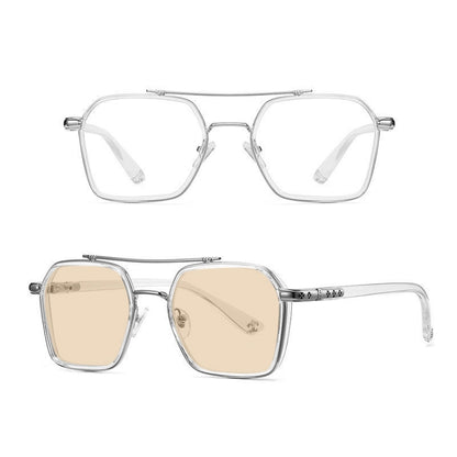 A5 Double Beam Polarized Color Changing Myopic Glasses, Lens: -200 Degrees Change Tea Color(Transparent Silver Frame) - Plain Glass Spectacles by PMC Jewellery | Online Shopping South Africa | PMC Jewellery