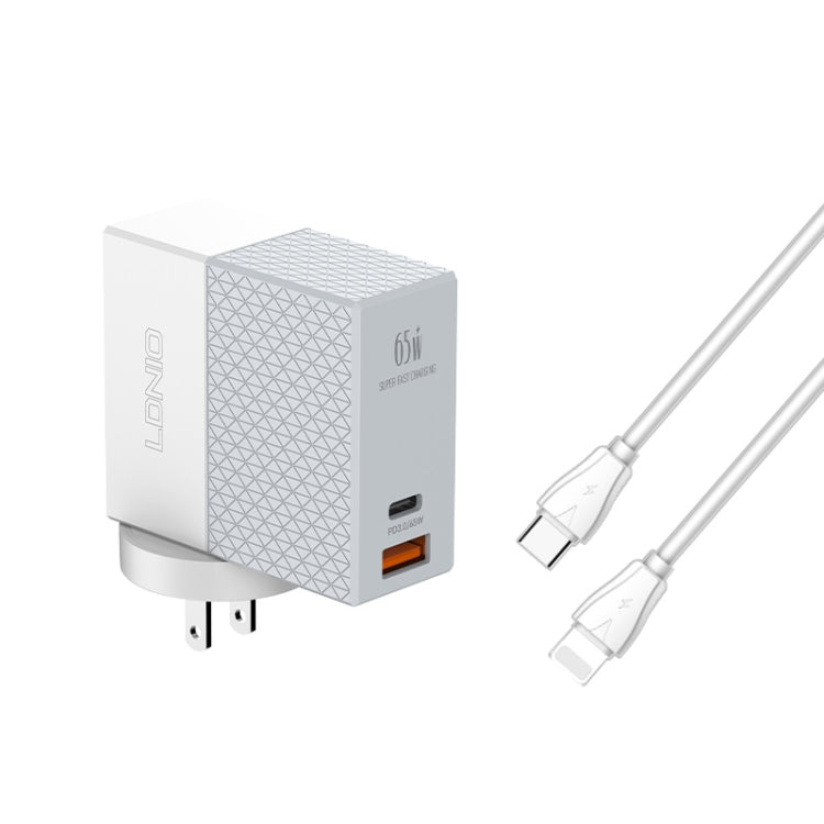 LDNIO A2620C 65W USB+Type-C/USB-C Port Dual Port Universal Phone Tablet Travel Charger(US Plug+Type-C to 8 Pin) - USB Charger by LDNIO | Online Shopping South Africa | PMC Jewellery | Buy Now Pay Later Mobicred