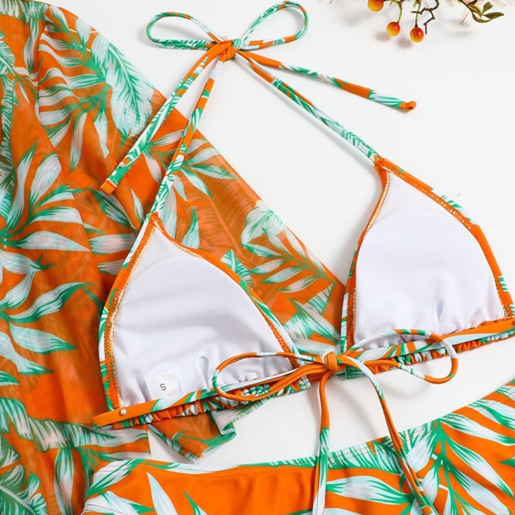 Leaf-print Waist Lace-up Three-Piece Bikini Set Long-sleeved Beach Sun Protection Swimsuit, Size: L(Orange) - Swimwear by PMC Jewellery | Online Shopping South Africa | PMC Jewellery