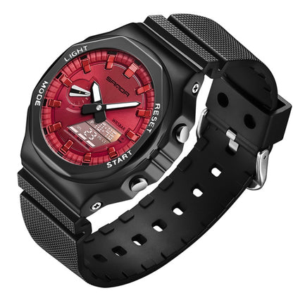 SANDA Octagonal Oak Hand Lamp Waterproof Sports Alarm Clock Men Watch(Black Red) - Silicone Strap Watches by SANDA | Online Shopping South Africa | PMC Jewellery | Buy Now Pay Later Mobicred