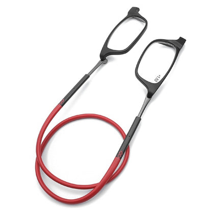 Portable Magnetic Hanging Neck Retractable Reading Glasses +225(Black Frame Red Legs) - Presbyopic Glasses by PMC Jewellery | Online Shopping South Africa | PMC Jewellery