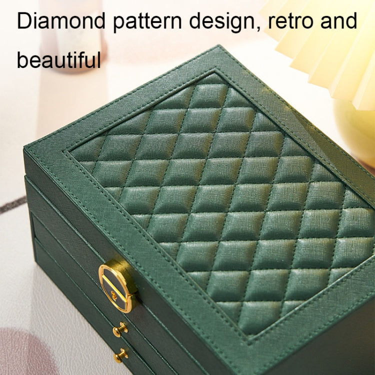 Diamond Pattern PU Leather Three-layer Drawer Jewelry Box Necklace Ring Jewelry Storage Box(Dark Green) - Jewelry Storages by PMC Jewellery | Online Shopping South Africa | PMC Jewellery