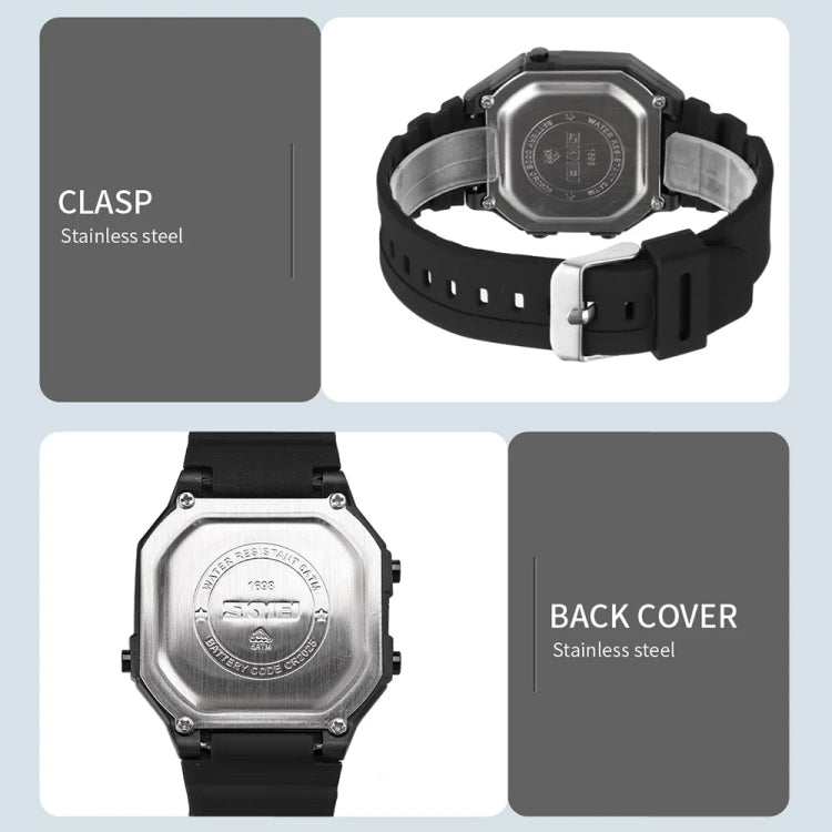 SKMEI 1698 50m Waterproof Multifunctional Sports Square Pin Buckle Luminous Digital Watch(Black White) - Silicone Strap Watches by SKMEI | Online Shopping South Africa | PMC Jewellery | Buy Now Pay Later Mobicred