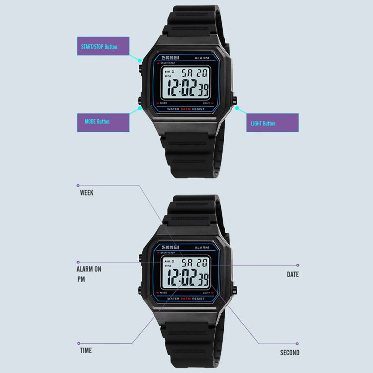 SKMEI 1698 50m Waterproof Multifunctional Sports Square Pin Buckle Luminous Digital Watch(Black White) - Silicone Strap Watches by SKMEI | Online Shopping South Africa | PMC Jewellery | Buy Now Pay Later Mobicred