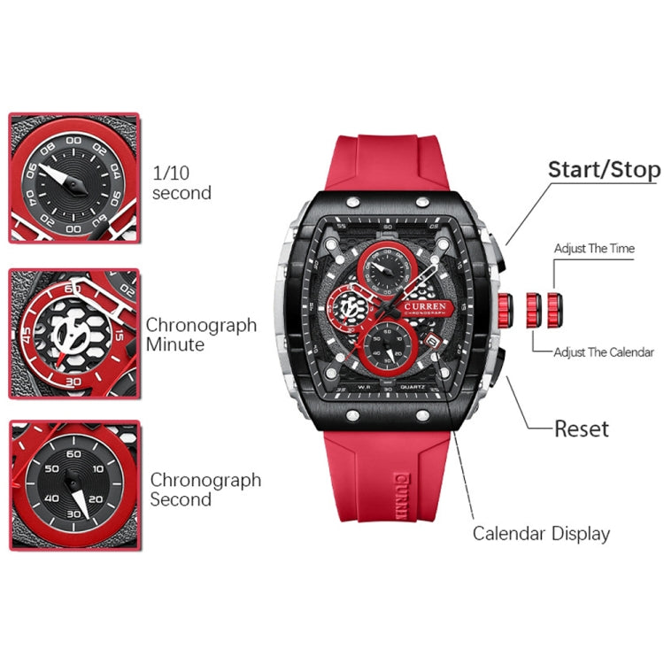 Curren 8442 Sport Six-Hand Silicone Strap Men Quartz Watch, Color: White Shell Red - Silicone Strap Watches by Curren | Online Shopping South Africa | PMC Jewellery | Buy Now Pay Later Mobicred