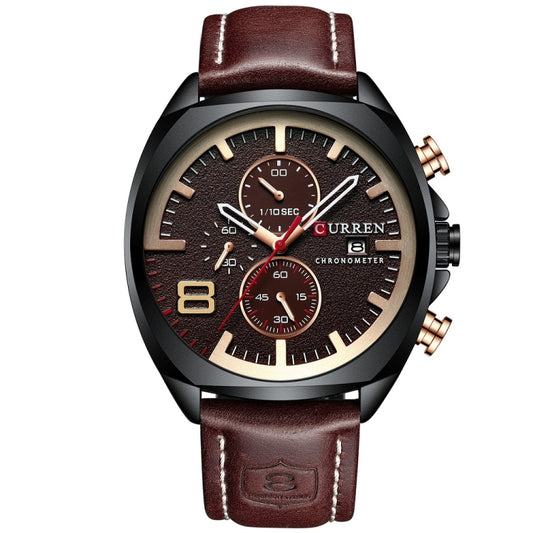 Curren 8324 Six-hand Leather Strap Waterproof Men Watch With Calendar, Color: Black Shell Coffee - Leather Strap Watches by Curren | Online Shopping South Africa | PMC Jewellery | Buy Now Pay Later Mobicred