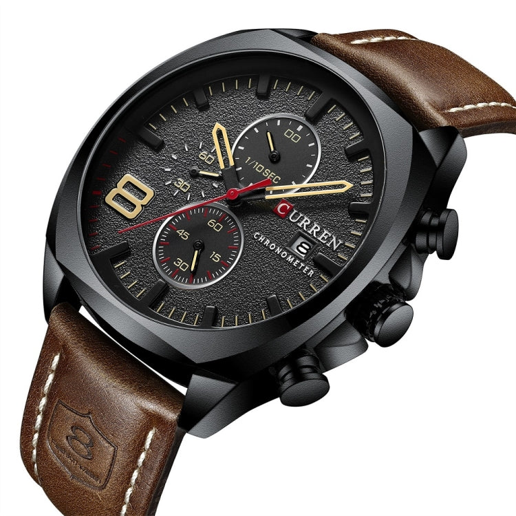 Curren 8324 Six-hand Leather Strap Waterproof Men Watch With Calendar, Color: Black Shell Khaki - Leather Strap Watches by Curren | Online Shopping South Africa | PMC Jewellery | Buy Now Pay Later Mobicred