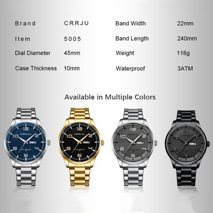 CRRJU 5005 Men Steel Strap Watch Simple Business Personalized Waterproof Watch With Calendar Display(Black) - Metal Strap Watches by CRRJU | Online Shopping South Africa | PMC Jewellery | Buy Now Pay Later Mobicred