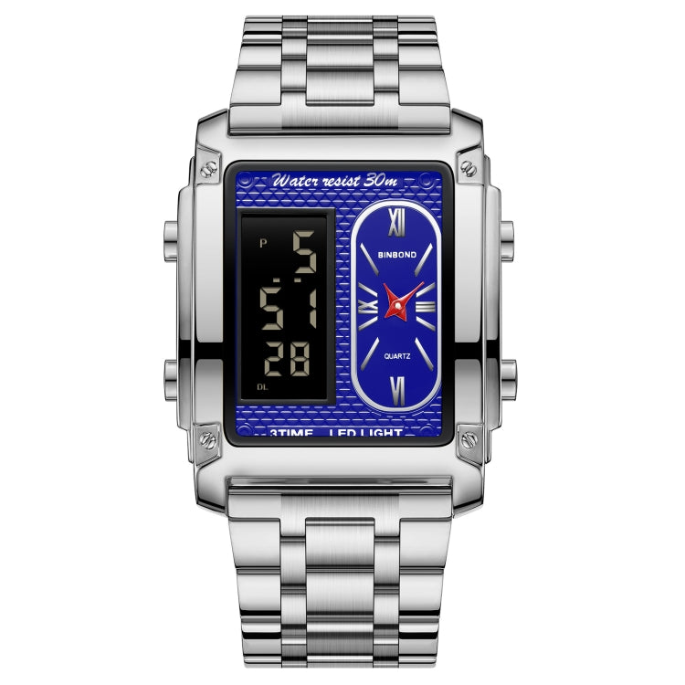 BINBOND B2311 30m Waterproof Men LED Luminous Multifunctional Quartz Watch, Color: White Steel-Blue - Metal Strap Watches by BINBOND | Online Shopping South Africa | PMC Jewellery | Buy Now Pay Later Mobicred