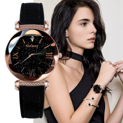 Gogoey Ladies Starry Sky Leather Belt Watch(Black) - Leather Strap Watches by Gogoey | Online Shopping South Africa | PMC Jewellery | Buy Now Pay Later Mobicred