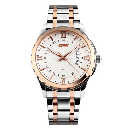 SKMEI 9069 Multifunctional Outdoor Fashion Business Waterproof Interval Gold Shell Quartz Wrist Watch(Rose Gold) - Metal Strap Watches by SKMEI | Online Shopping South Africa | PMC Jewellery | Buy Now Pay Later Mobicred