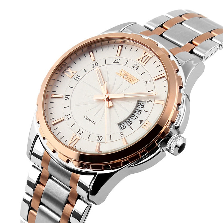 SKMEI 9069 Multifunctional Outdoor Fashion Business Waterproof Interval Gold Shell Quartz Wrist Watch(Rose Gold) - Metal Strap Watches by SKMEI | Online Shopping South Africa | PMC Jewellery | Buy Now Pay Later Mobicred