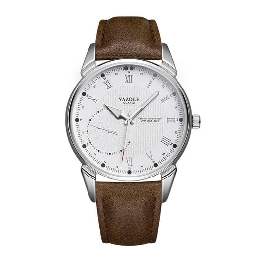 YAZOLE 427 Men Fashion Business PU Leather Band Quartz Wrist Watch, Luminous Points (White Dial + Brown Strap) - Leather Strap Watches by YAZOLE | Online Shopping South Africa | PMC Jewellery | Buy Now Pay Later Mobicred