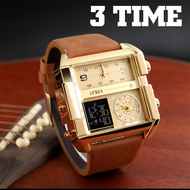 SKMEI 1391 Multifunctional Men Business Digital Watch 30m Waterproof Square Dial Wrist Watch with Leather Watchband(Black Brown) - Leather Strap Watches by SKMEI | Online Shopping South Africa | PMC Jewellery | Buy Now Pay Later Mobicred