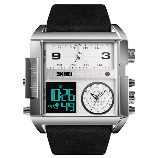 SKMEI 1391 Multifunctional Men Business Digital Watch 30m Waterproof Square Dial Wrist Watch with Leather Watchband(Silver+Black) - Leather Strap Watches by SKMEI | Online Shopping South Africa | PMC Jewellery | Buy Now Pay Later Mobicred