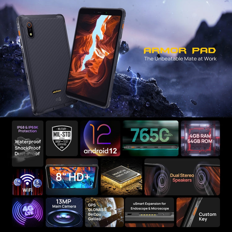 Ulefone Armor Pad Rugged Tablet PC, 8.0 inch, 4GB+64GB, IP68 Waterproof Shockproof Dustproof, Android 12 MediaTek Helio G25 Octa Core, Support uSmart Expansion, Network: 4G, EU Plug (Black) - Other by Ulefone | Online Shopping South Africa | PMC Jewellery | Buy Now Pay Later Mobicred